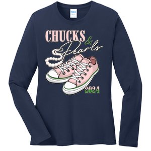 Chucks And Pearls Kamala Harris 2024 Aka Sorority Pink And Green Ladies Long Sleeve Shirt