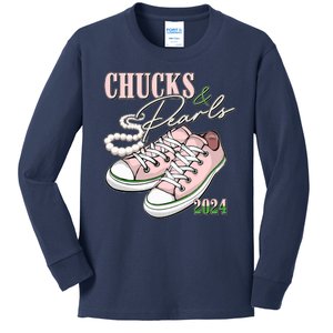 Chucks And Pearls Kamala Harris 2024 Aka Sorority Pink And Green Kids Long Sleeve Shirt