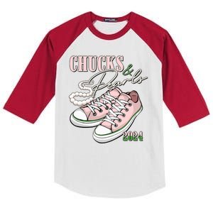 Chucks And Pearls Kamala Harris 2024 Aka Sorority Pink And Green Kids Colorblock Raglan Jersey