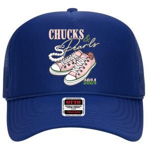 Chucks And Pearls Kamala Harris 2024 Aka Sorority Pink And Green High Crown Mesh Back Trucker Hat