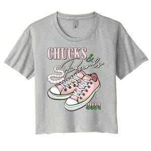 Chucks And Pearls Kamala Harris 2024 Aka Sorority Pink And Green Women's Crop Top Tee