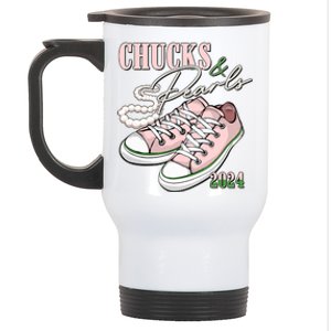 Chucks And Pearls Kamala Harris 2024 Aka Sorority Pink And Green Stainless Steel Travel Mug