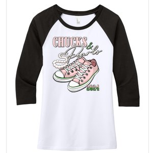 Chucks And Pearls Kamala Harris 2024 Aka Sorority Pink And Green Women's Tri-Blend 3/4-Sleeve Raglan Shirt