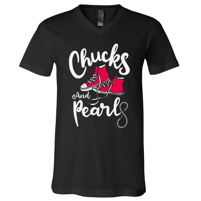 Chucks And Pearls IM With Her Kamala Harris Supporters V-Neck T-Shirt