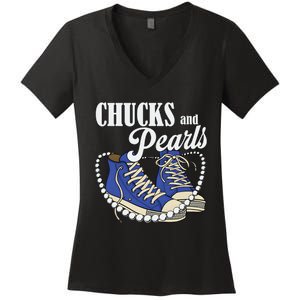 Chucks And Pearls IM With Her Kamala 2024 Women's V-Neck T-Shirt