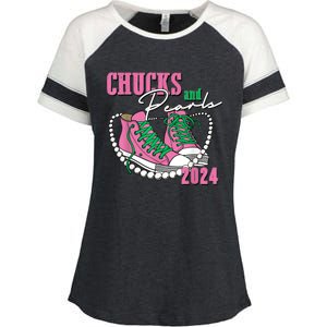 Chucks And Pearls IM With Her Kamala 2024 Enza Ladies Jersey Colorblock Tee