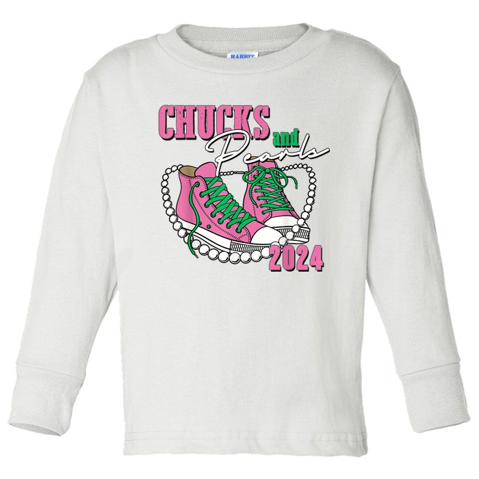 Chucks And Pearls IM With Her Kamala 2024 Toddler Long Sleeve Shirt