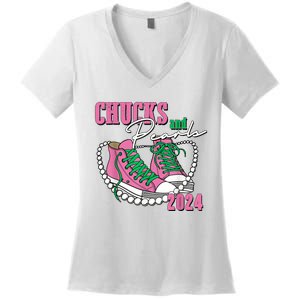 Chucks And Pearls IM With Her Kamala 2024 Women's V-Neck T-Shirt