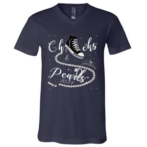 Chucks And Pearls 2024 Kamala Harris 2024 Vote For President Gift V-Neck T-Shirt