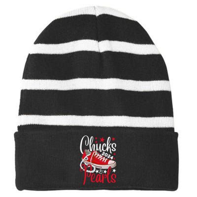 Chucks And Pearls 2024 Kamala Harris Usa President 47th Red Striped Beanie with Solid Band