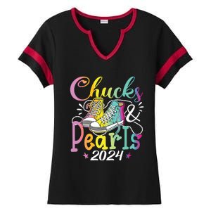 Chucks And Pearls Im With Her Kamala 2024 Ladies Halftime Notch Neck Tee