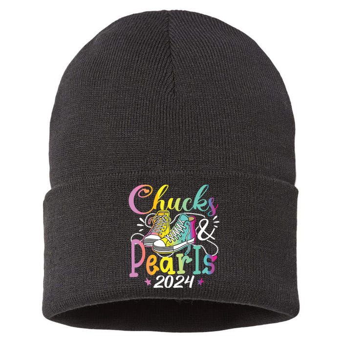 Chucks And Pearls Im With Her Kamala 2024 Sustainable Knit Beanie