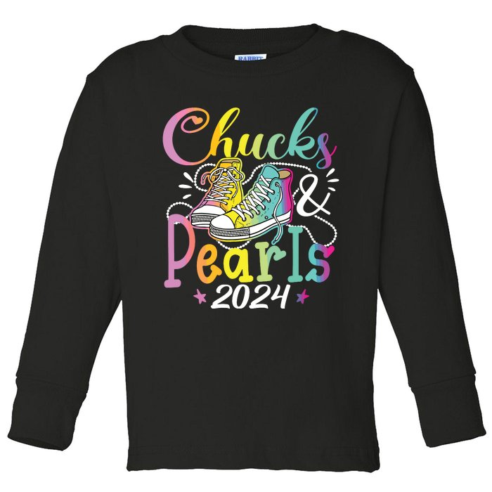 Chucks And Pearls Im With Her Kamala 2024 Toddler Long Sleeve Shirt