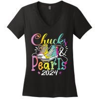 Chucks And Pearls Im With Her Kamala 2024 Women's V-Neck T-Shirt