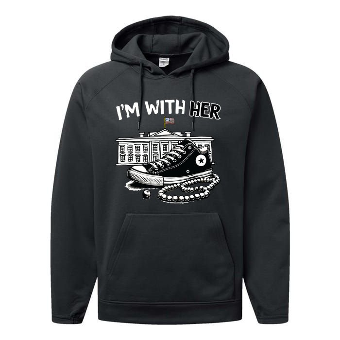 Chucks And Pearls Im With Her Kamala 2024 Retro Vintage Performance Fleece Hoodie