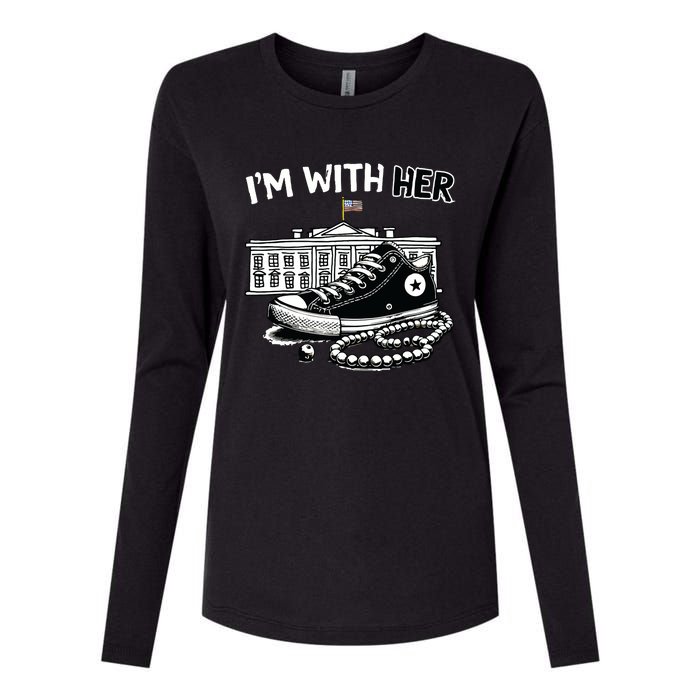 Chucks And Pearls Im With Her Kamala 2024 Retro Vintage Womens Cotton Relaxed Long Sleeve T-Shirt