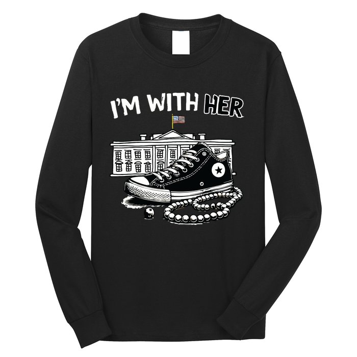 Chucks And Pearls Im With Her Kamala 2024 Retro Vintage Long Sleeve Shirt