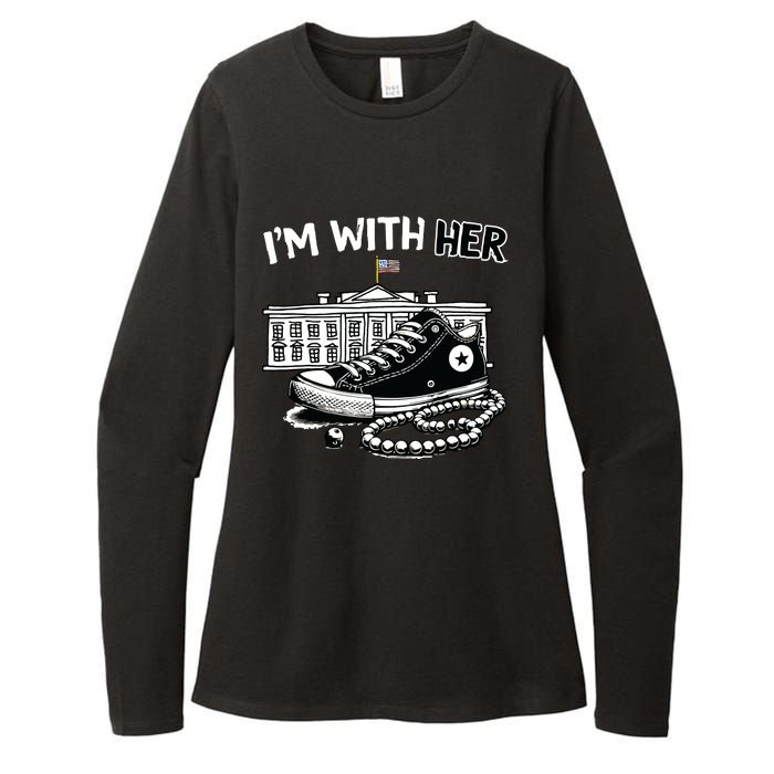 Chucks And Pearls Im With Her Kamala 2024 Retro Vintage Womens CVC Long Sleeve Shirt