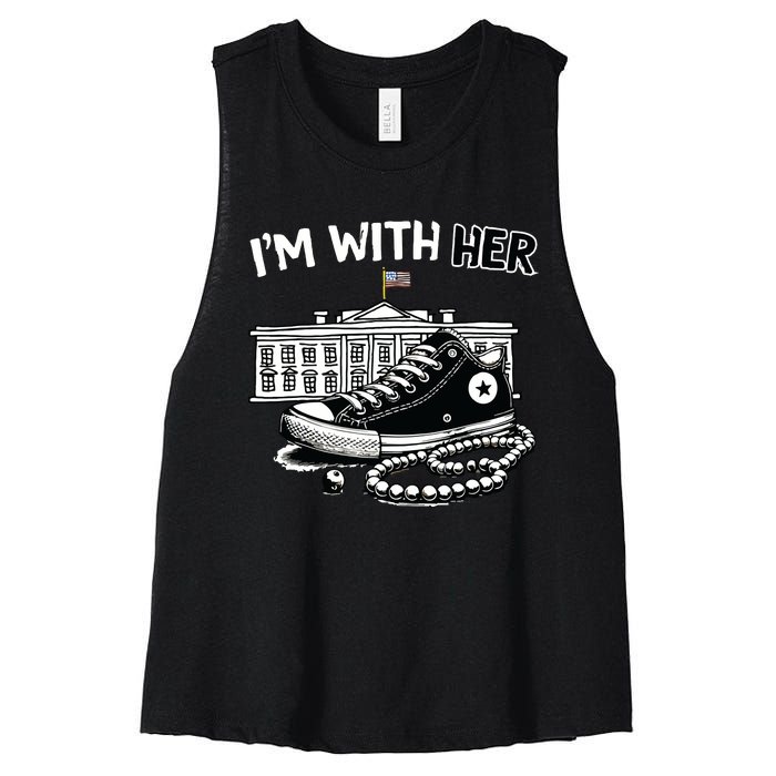 Chucks And Pearls Im With Her Kamala 2024 Retro Vintage Women's Racerback Cropped Tank