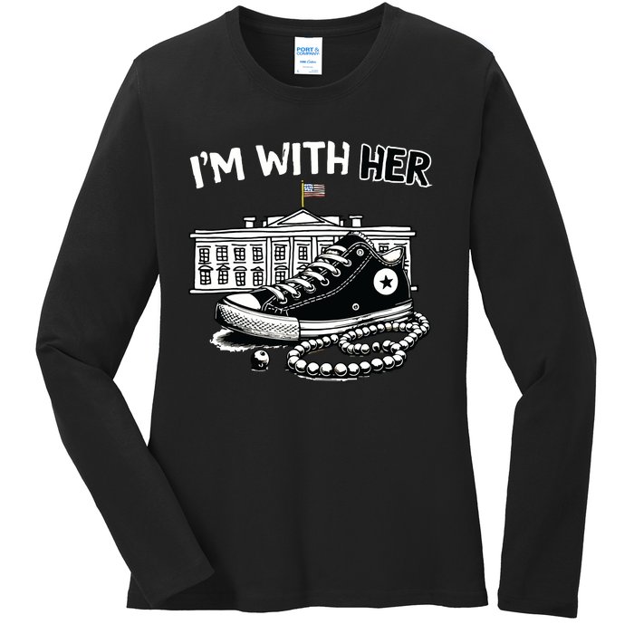 Chucks And Pearls Im With Her Kamala 2024 Retro Vintage Ladies Long Sleeve Shirt