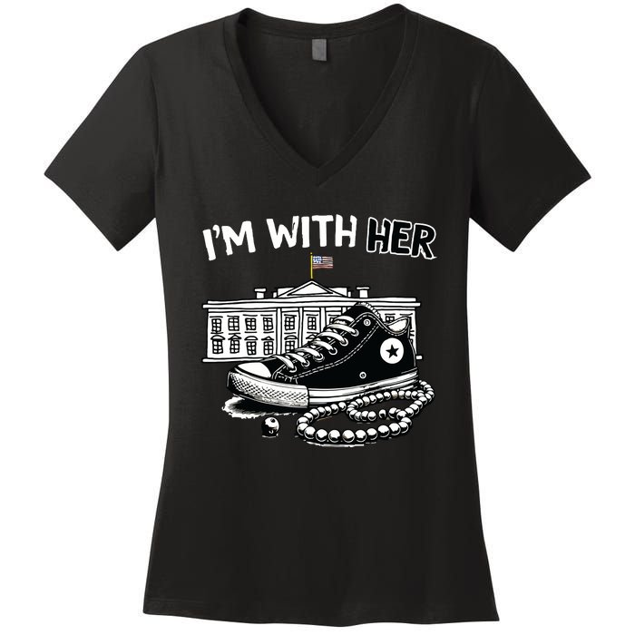 Chucks And Pearls Im With Her Kamala 2024 Retro Vintage Women's V-Neck T-Shirt