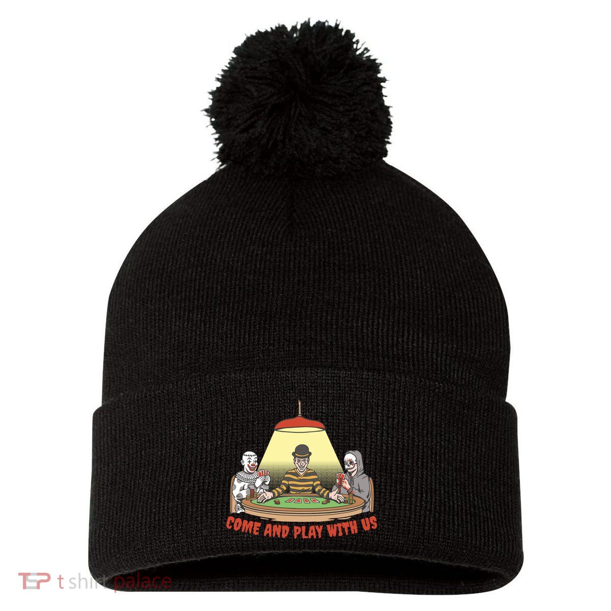 Come And Play With Us Spooky Horror Halloween Pom Pom 12in Knit Beanie