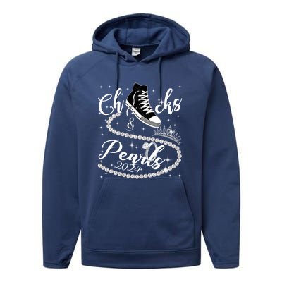 Chucks And Pearls 2024 Kamala Harris 2024 Vote For President Funny Gift Performance Fleece Hoodie