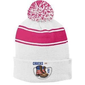 Chucks And Pearls IM With Her Kamala 2024 Stripe Pom Pom Beanie