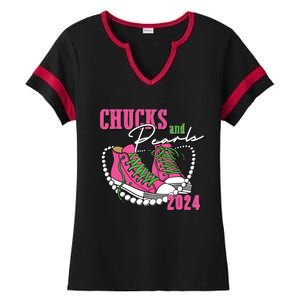 Chucks And Pearls Im With Her Kamala 2024 Ladies Halftime Notch Neck Tee