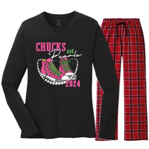 Chucks And Pearls Im With Her Kamala 2024 Women's Long Sleeve Flannel Pajama Set 