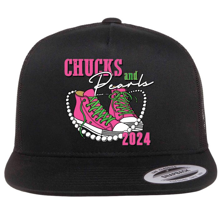 Chucks And Pearls Im With Her Kamala 2024 Flat Bill Trucker Hat