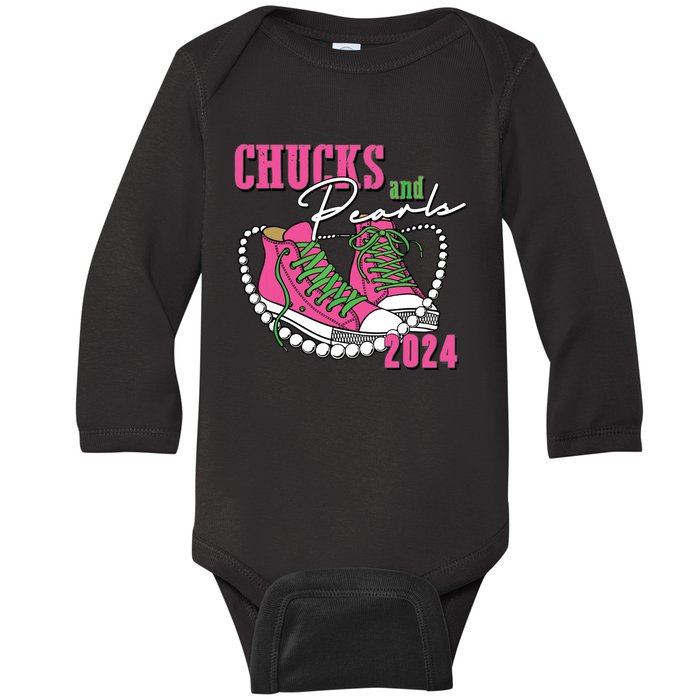 Chucks And Pearls Im With Her Kamala 2024 Baby Long Sleeve Bodysuit