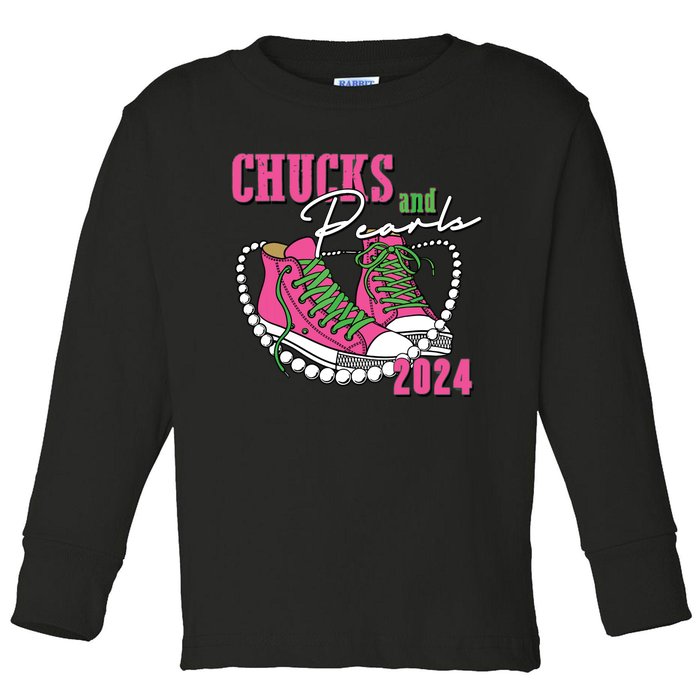 Chucks And Pearls Im With Her Kamala 2024 Toddler Long Sleeve Shirt