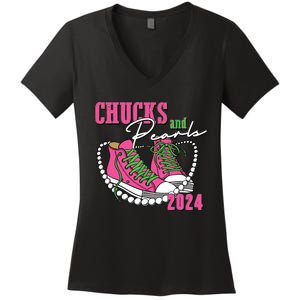 Chucks And Pearls Im With Her Kamala 2024 Women's V-Neck T-Shirt