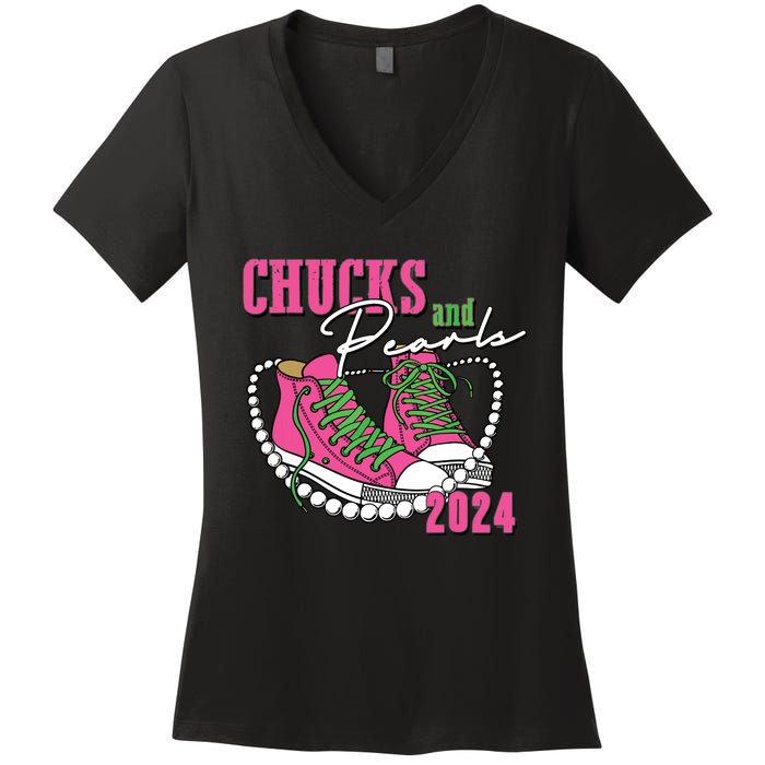 Chucks And Pearls Im With Her Kamala 2024 Women's V-Neck T-Shirt