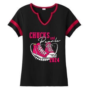 Chucks And Pearls Im With Her Kamala 2024 Ladies Halftime Notch Neck Tee