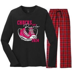 Chucks And Pearls Im With Her Kamala 2024 Women's Long Sleeve Flannel Pajama Set 