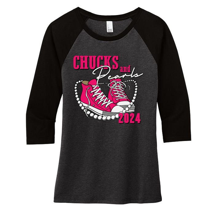 Chucks And Pearls Im With Her Kamala 2024 Women's Tri-Blend 3/4-Sleeve Raglan Shirt