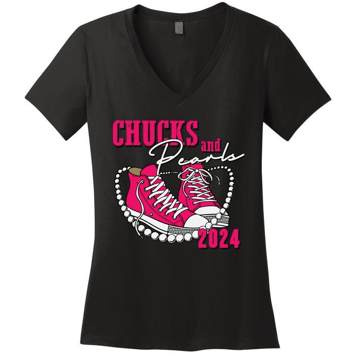 Chucks And Pearls Im With Her Kamala 2024 Women's V-Neck T-Shirt