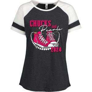 Chucks And Pearls Im With Her Kamala 2024 Enza Ladies Jersey Colorblock Tee