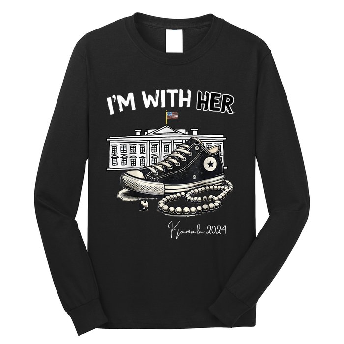 Chucks And Pearls IM With Her Kamala 2024 Retro Vintage Long Sleeve Shirt