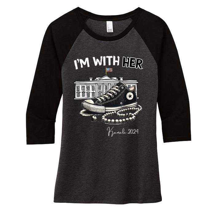 Chucks And Pearls IM With Her Kamala 2024 Retro Vintage Women's Tri-Blend 3/4-Sleeve Raglan Shirt