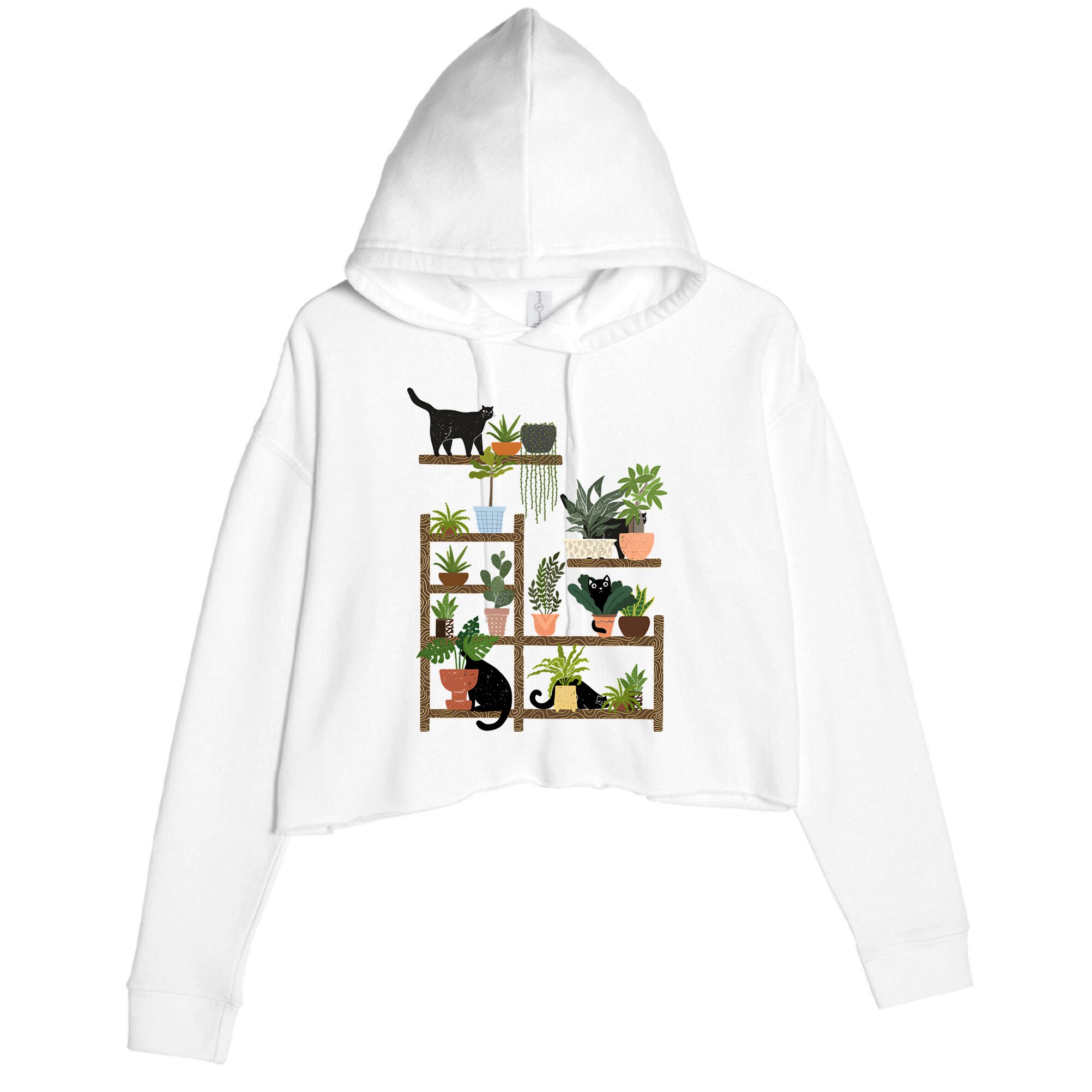 Cats And Plants Crop Fleece Hoodie
