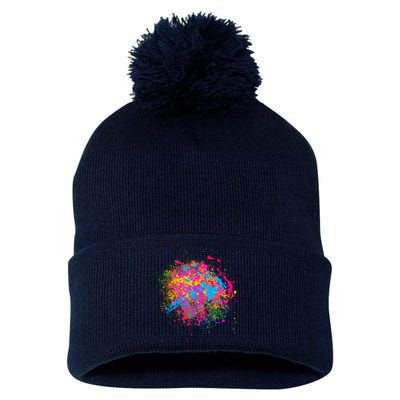 Colorful Artsy Paint Splat Pom Pom 12in Knit Beanie