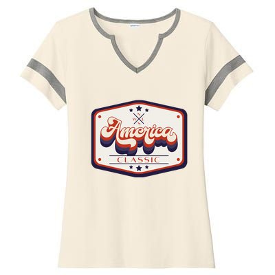 Classic American Patriotic Vintage Trucker Patch Ladies Halftime Notch Neck Tee