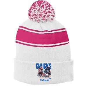 Chucks And Pearls Cute Stripe Pom Pom Beanie