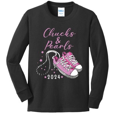 Chucks And Pearls 2024 Kamala Harris For President 47th Kids Long Sleeve Shirt