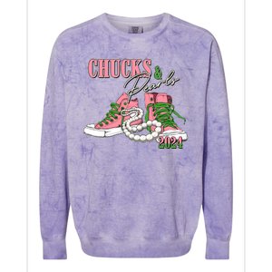 Chucks And Pearls Kamala Harris 2024 Aka Sorority Pink And Green Colorblast Crewneck Sweatshirt