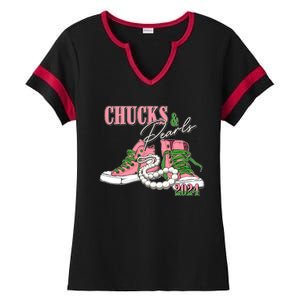 Chucks And Pearls Kamala Harris 2024 Aka Sorority Pink And Green Ladies Halftime Notch Neck Tee