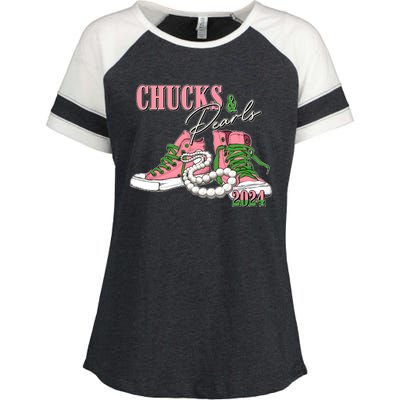 Chucks And Pearls Kamala Harris 2024 Aka Sorority Pink And Green Enza Ladies Jersey Colorblock Tee